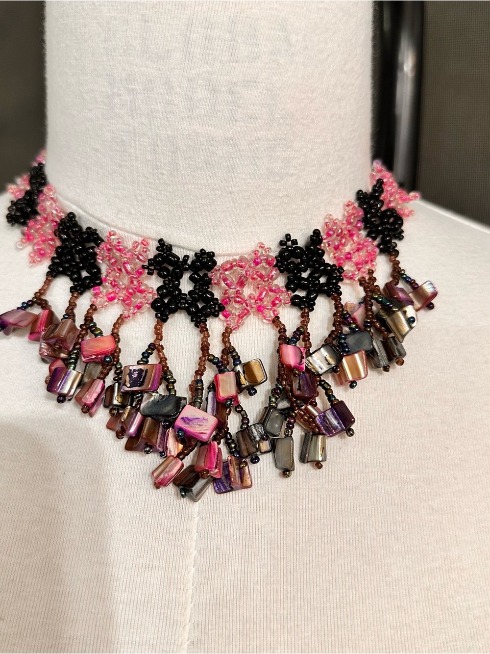 Vintage Necklace Purple Black Multicolor Shell Bali Beaded Choker Handmade Boho